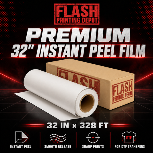 A 32-inch DTF instant peel film roll and cardboard packaging on a dark background.