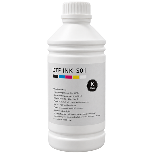 A white plastic bottle of DTF Ink S01 ink with a ribbed white cap, featuring a label with black text and a small color palette indicating black, white, yellow, and blue ink colors.