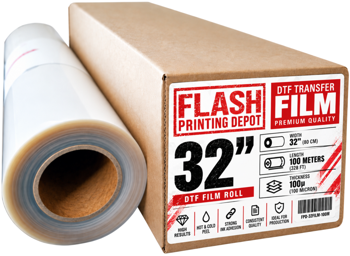 A nominal 32-inch (80 cm) DTF transfer film roll beside its labeled cardboard box.