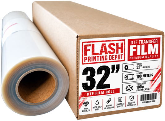 A nominal 32-inch (80 cm) DTF transfer film roll beside its labeled cardboard box.