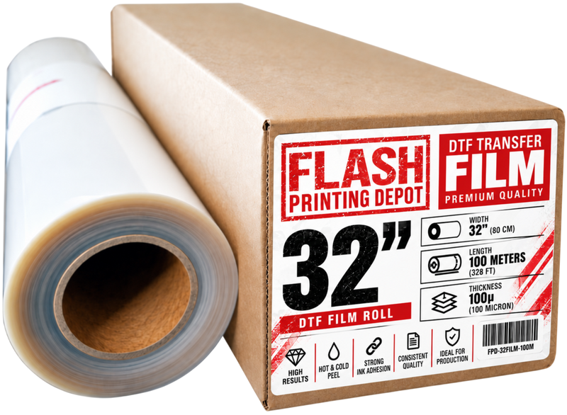 A nominal 32-inch (80 cm) DTF transfer film roll beside its labeled cardboard box.