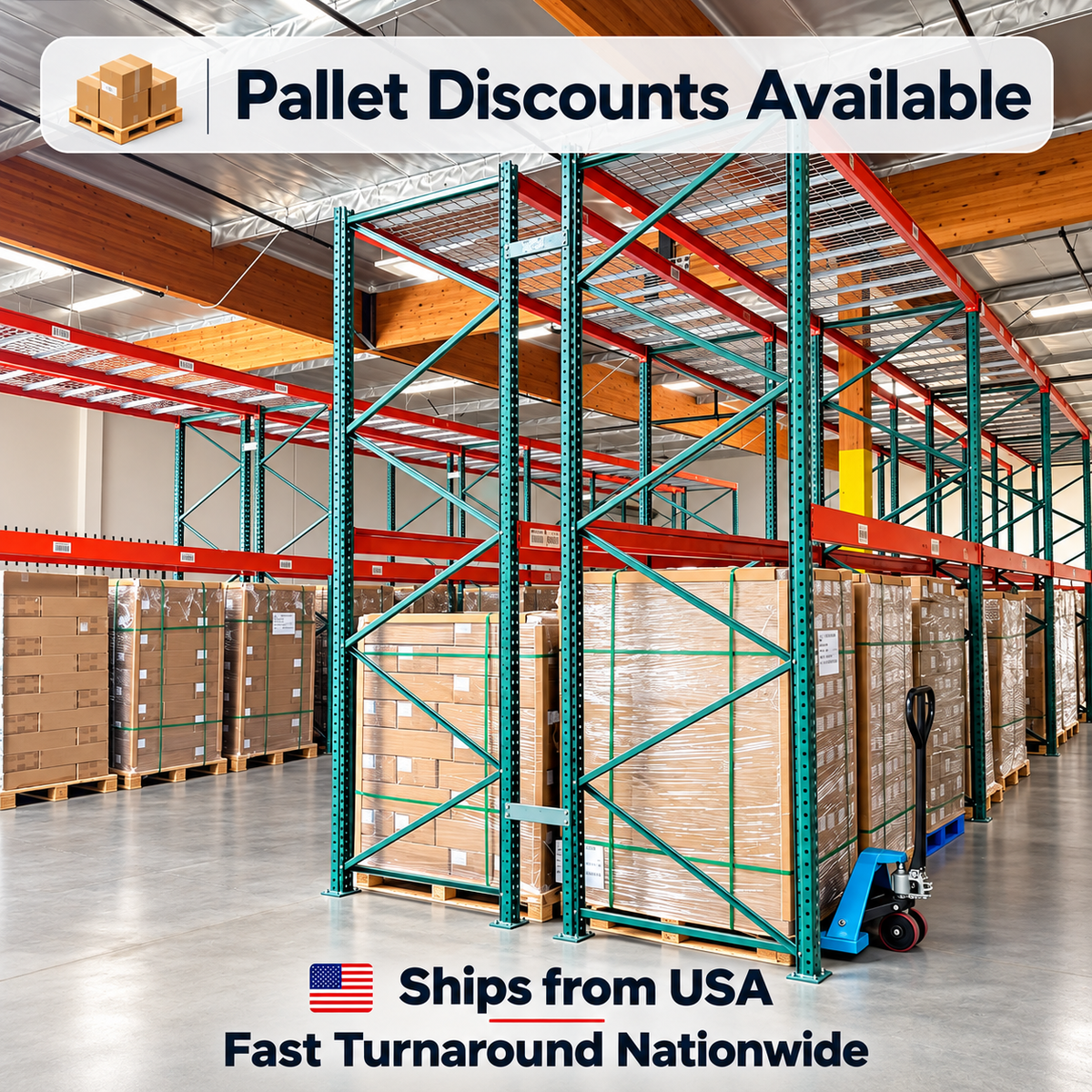 Industrial warehouse shelving system with green and red metal pallet racks filled with cardboard boxes, with promotional text overlays reading 'Pallet Discounts Available' and 'Ships from USA Fast Turnaround Nationwide'.
