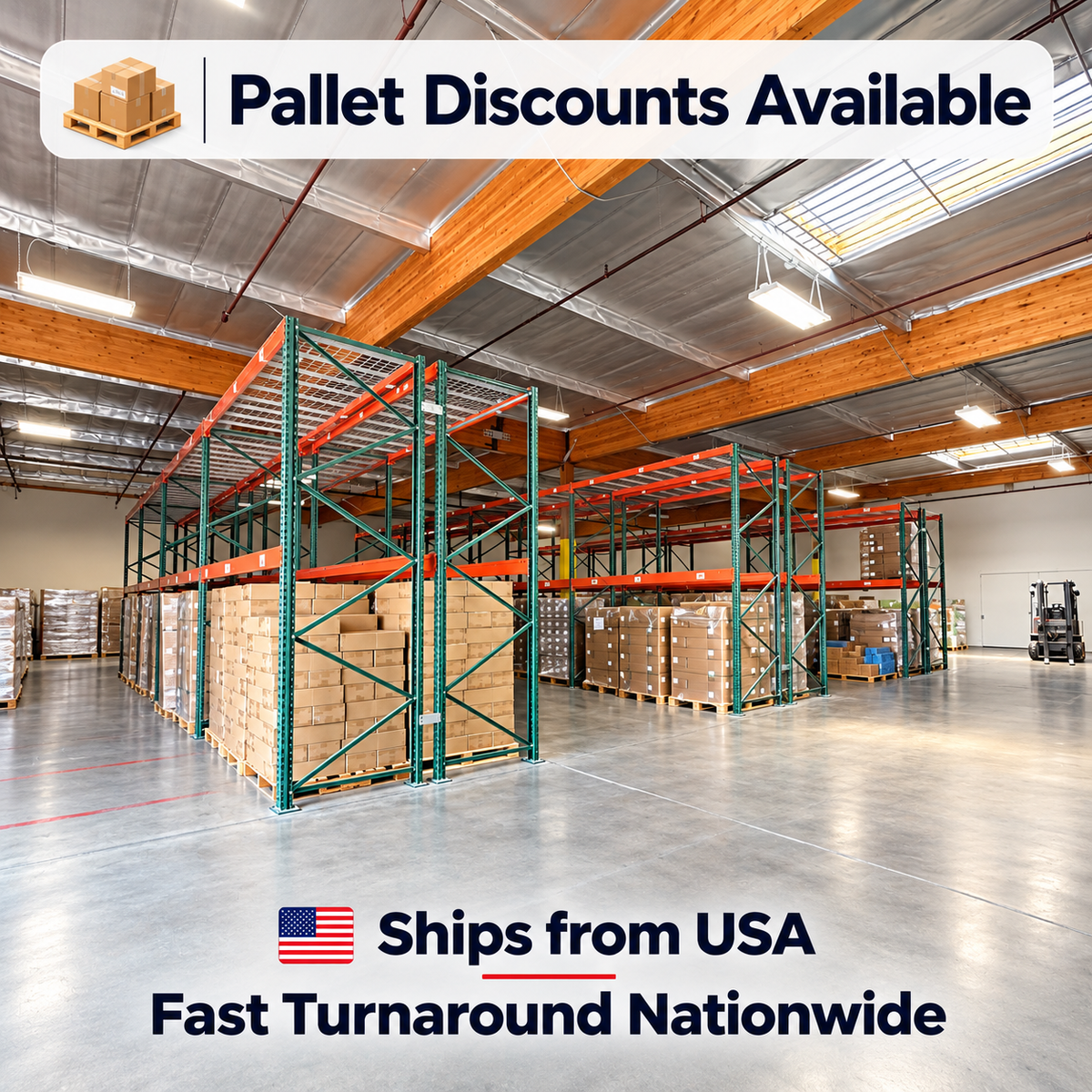 A warehouse interior with tall green and orange pallet rack systems holding stacked cardboard boxes. Prominent overlaid text reads 'Pallet Discounts Available' at the top and 'Ships from USA Fast Turnaround Nationwide' at the bottom, with a small American flag icon.