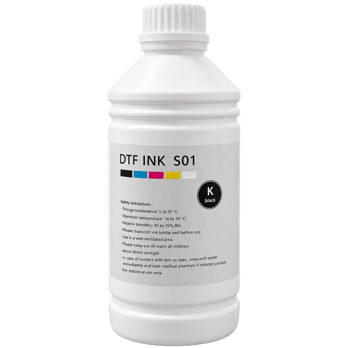 A white plastic bottle of DTF Ink S01 ink with a ribbed white cap, featuring a label with black text and a small color palette indicating black, white, yellow, and blue ink colors.