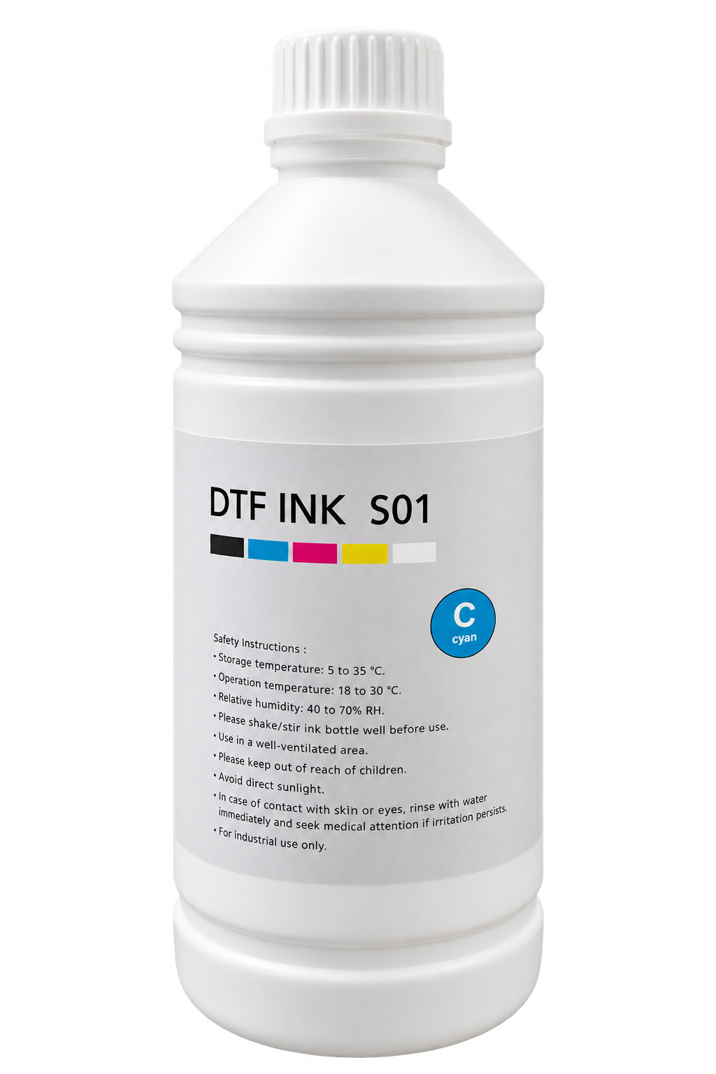 A white plastic bottle of DTF Ink S01 ink with a white cap, featuring a black label with text and a small color indicator graphic, isolated on a white background.