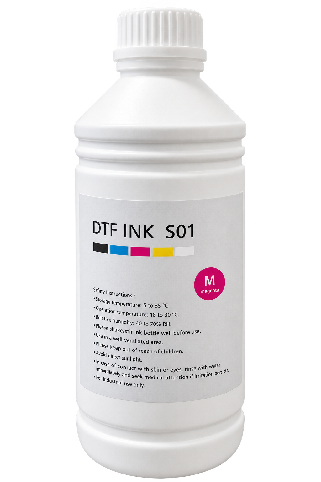 A white plastic bottle of DTF Ink S01 ink with a ribbed screw cap, featuring a white label with black text and a pink circular 'M pigment' badge, isolated on a white background.