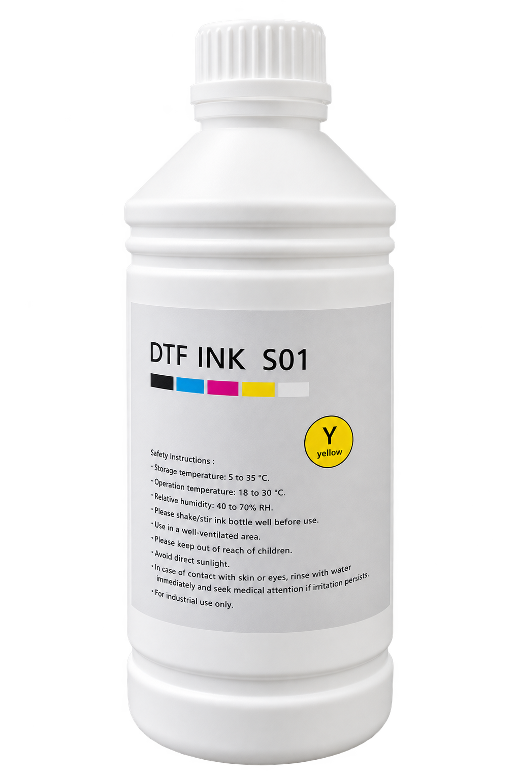 A white plastic bottle of DTF Ink S01 yellow ink, featuring a white ribbed cap and a white label with black text, a color palette graphic, and a yellow circle indicating 'Y yellow'.