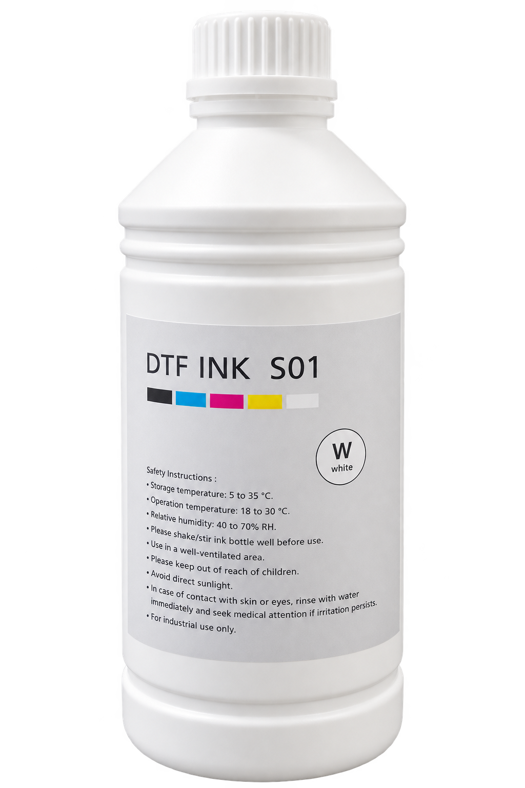 A white plastic bottle of DTF Ink S01 white ink, featuring a white label with black text and a color indicator graphic, set against a plain white background.