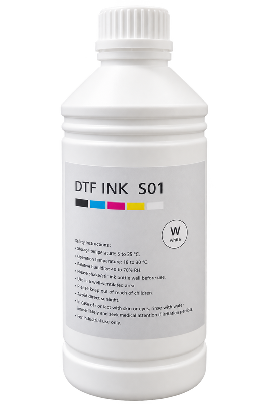 A white plastic bottle of DTF Ink S01 white ink, featuring a white label with black text and a color indicator graphic, set against a plain white background.