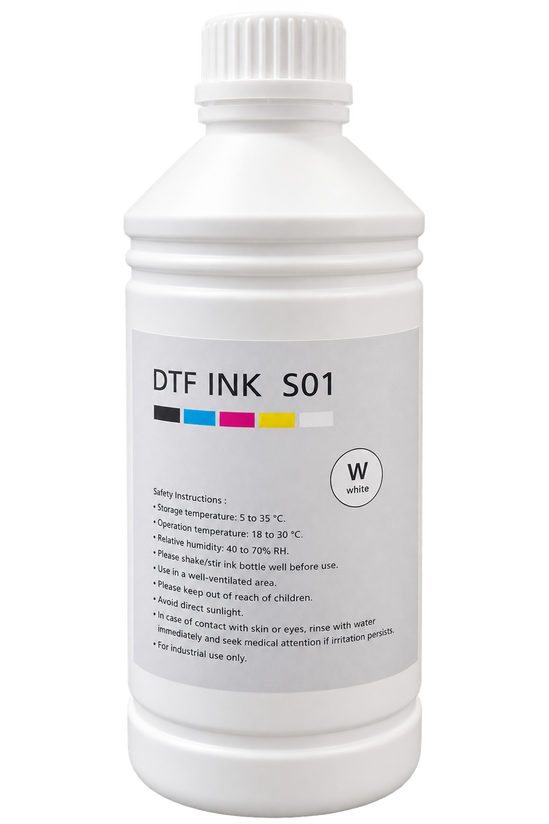 A white plastic bottle of DTF Ink S01 white ink, featuring a white label with black text and a color indicator graphic, set against a plain white background.