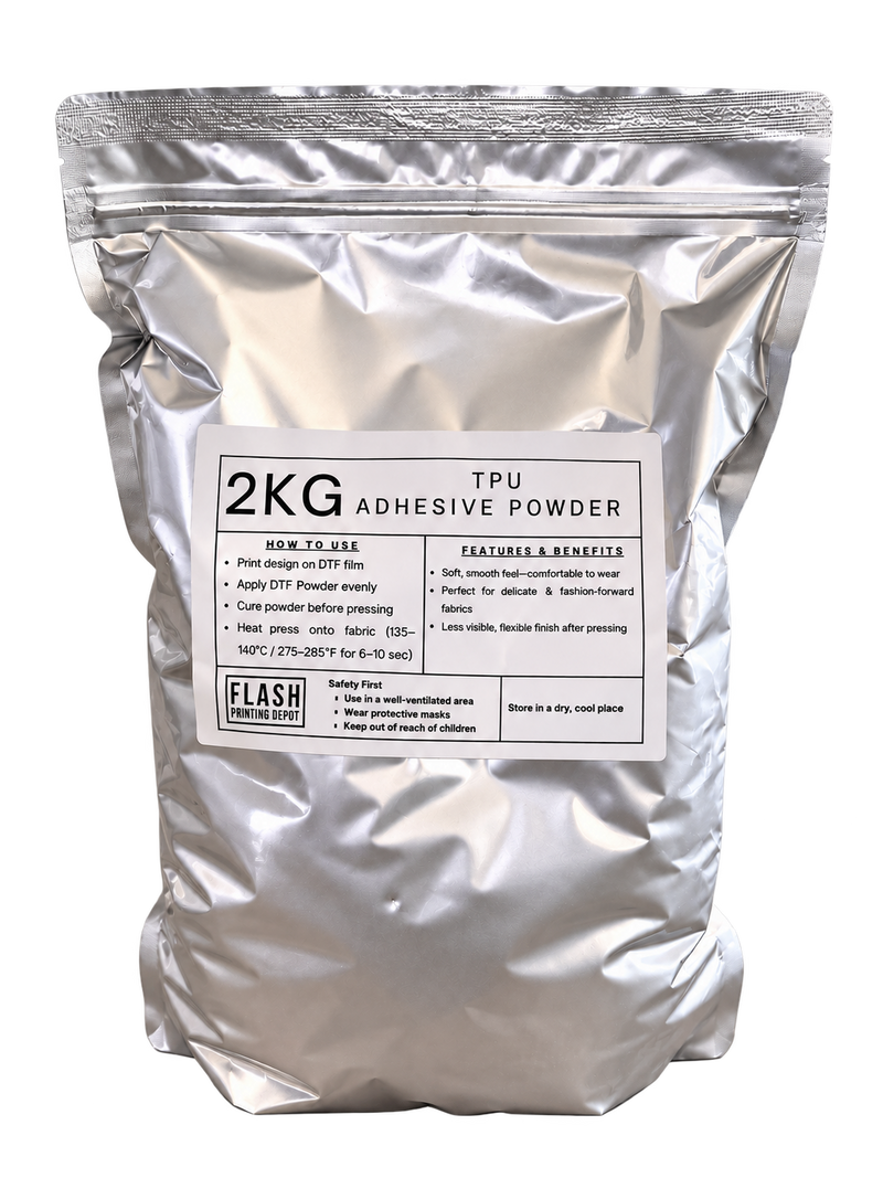 A 2KG silver resealable stand-up pouch of TPU adhesive powder with a white label, photographed on a plain white background.