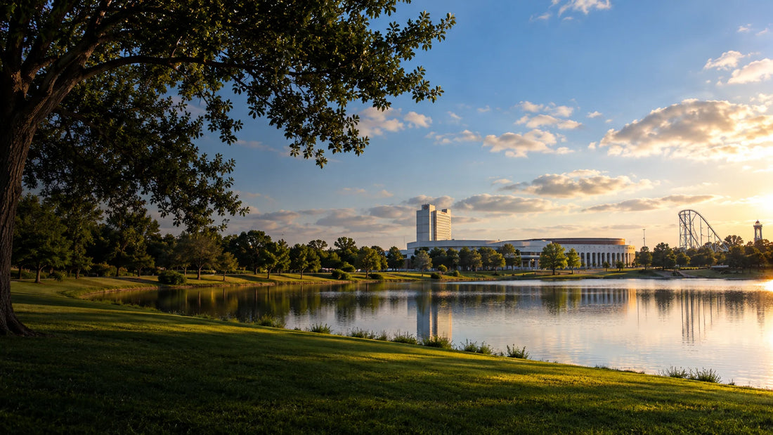 A scenic landscape photograph of a lake at sunset, featuring a lush green lawn in the foreground, a large tree on the left, and a distant amusement park with a tower and roller coaster under a blue sky with clouds.