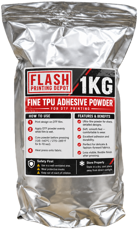 A 1kg bag of Flash Printing Depot Fine TPU Adhesive Powder for DTF printing, shown on a clean white background. The packaging is metallic silver with a large black, red, and white label detailing product features, usage instructions, and safety information.