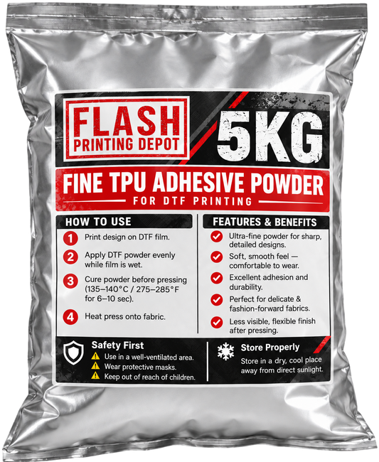 A 5kg bag of Flash Printing Depot Fine TPU Adhesive Powder for DTF printing, shown against a plain white background.