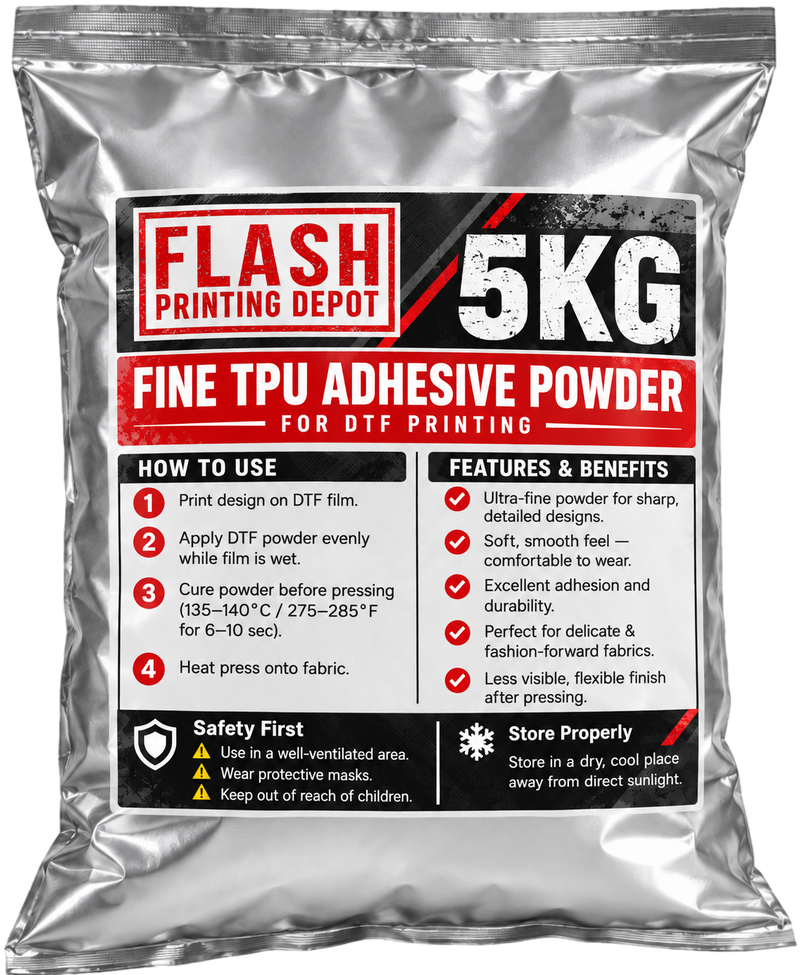 A 5kg bag of Flash Printing Depot Fine TPU Adhesive Powder for DTF printing, shown against a plain white background.