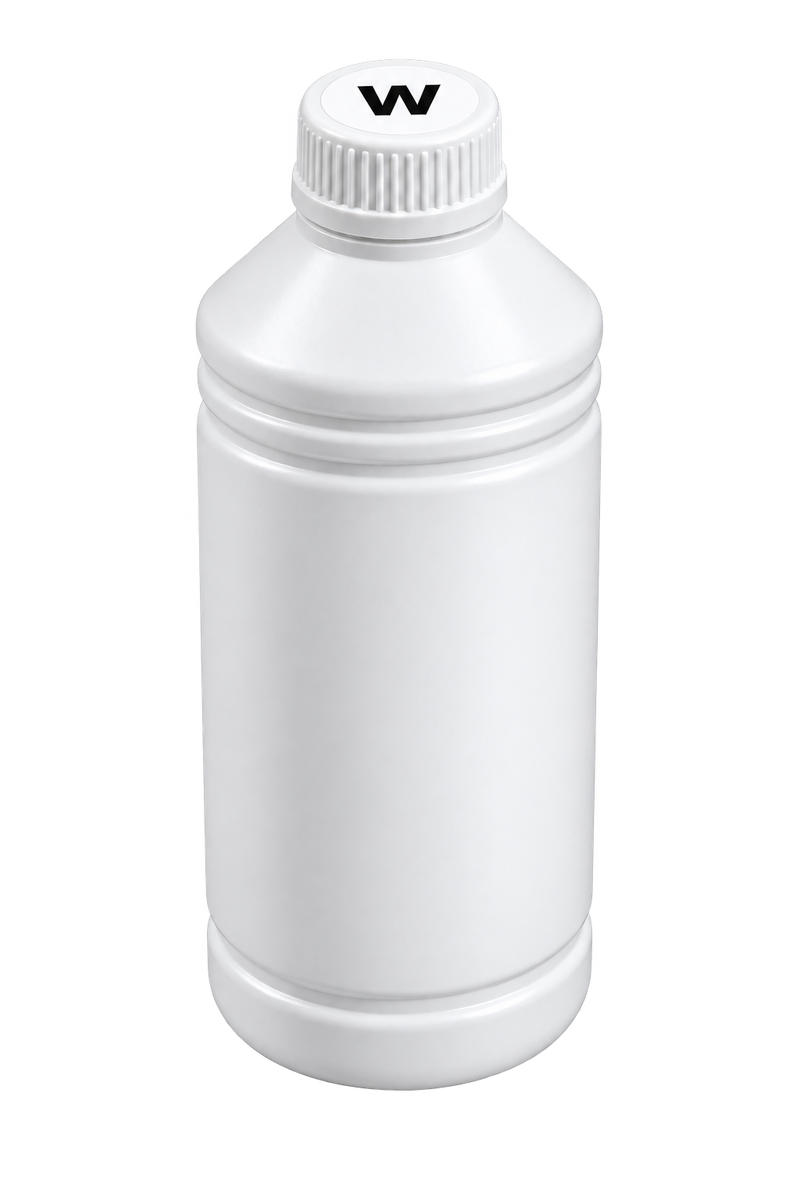 A blank white plastic bottle with a ribbed screw cap featuring a black letter 'W' printed on top, isolated on a solid white background.
