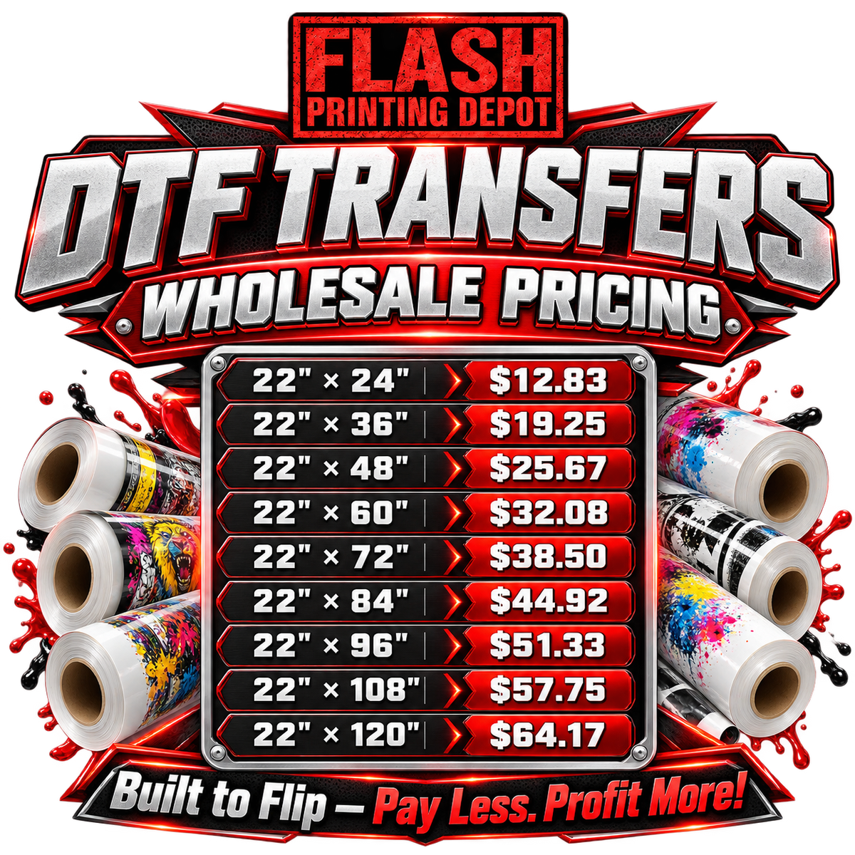 Wholesale DTF transfer pricing chart for 22-inch gang sheets, surrounded by rolls of colorful printed transfers.